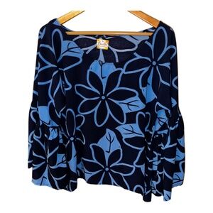 Beautiful Hawaii Plumeria Blue Top Ruffle Sleeved L